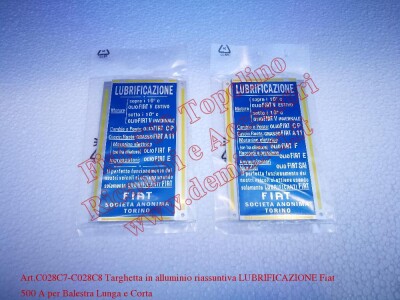 Art. C028C7 - C028C8 Targhetta in alluminio riassuntiva LUBRIFICAZIONE Fiat 500 A Balestra Lunga e Corta