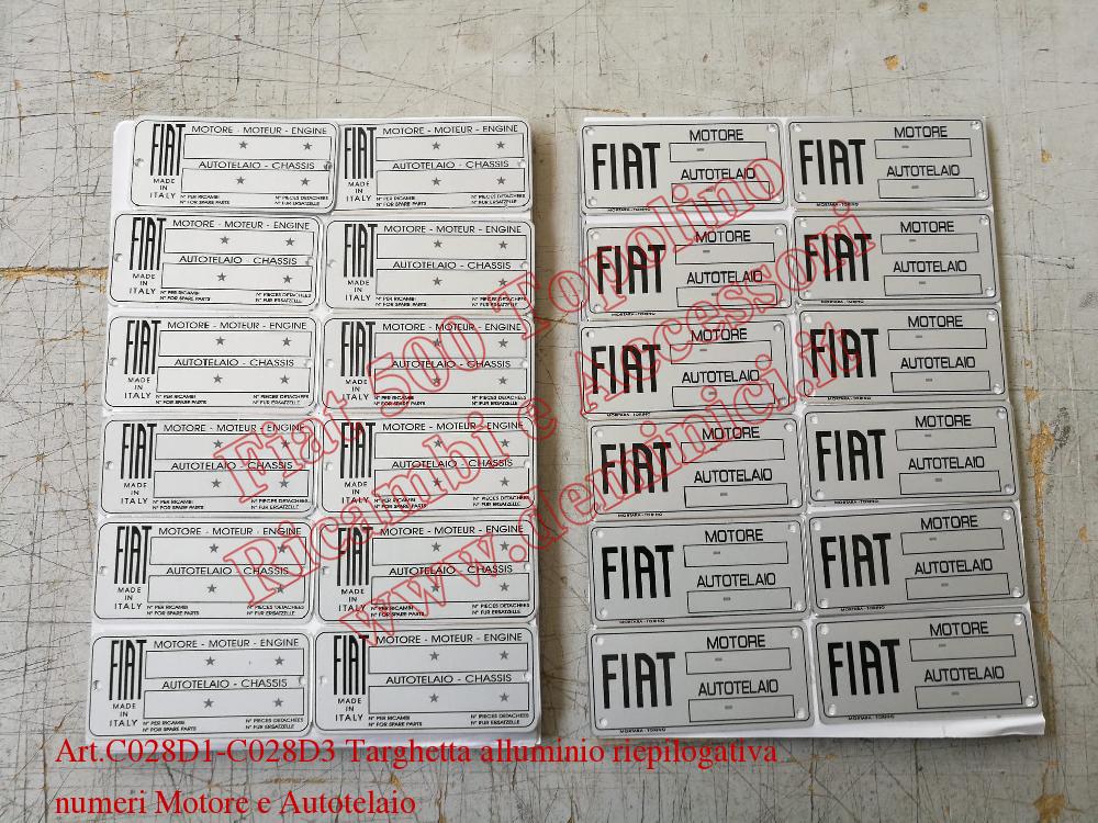 Targhetta alluminio riepilogativa numeri motore e telaio Fiat 500A/B/C