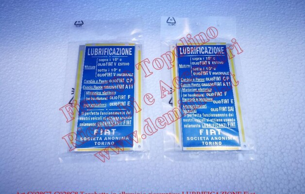 Art. C028C7 – C028C8 Targhetta in alluminio riassuntiva LUBRIFICAZIONE Fiat 500 A Balestra Lunga e Corta
