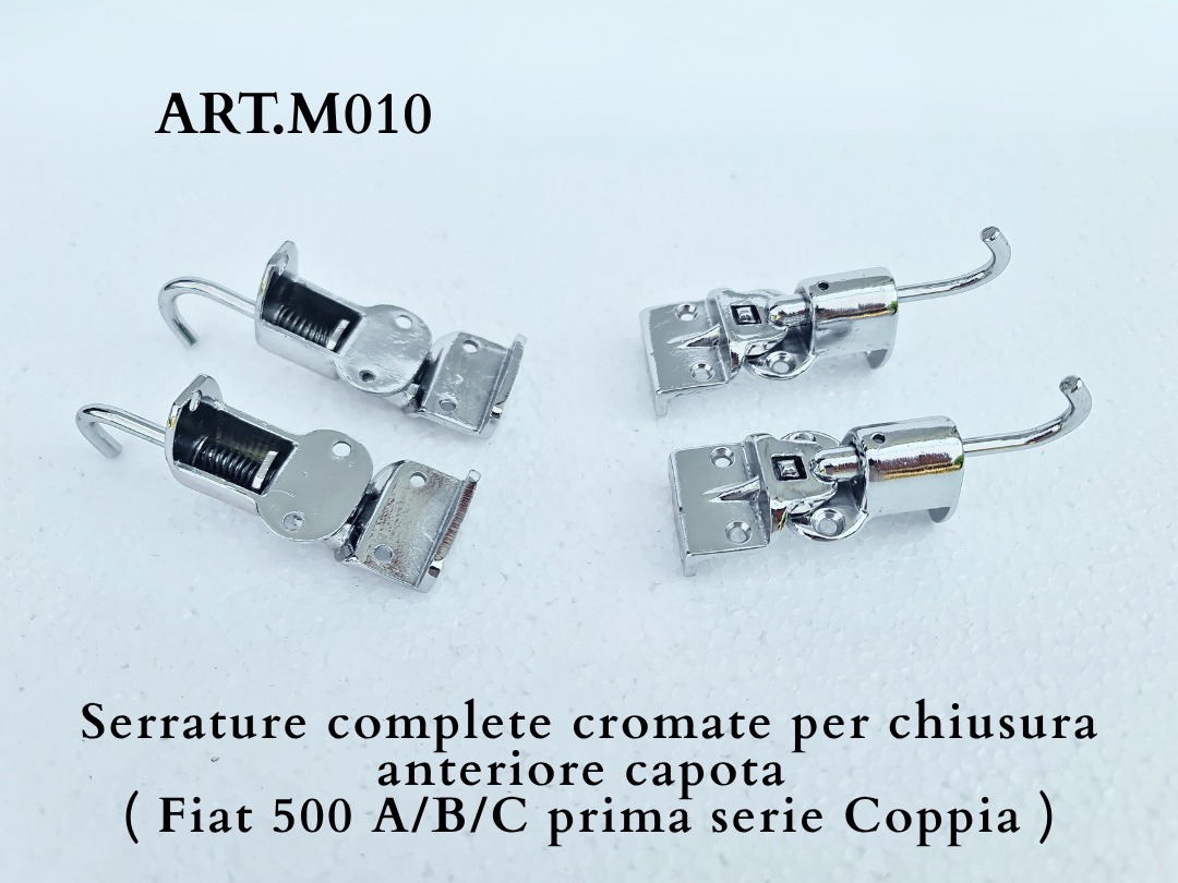 Serrature complete cromate per chiusura anteriore capota ( Fiat 500 A/B/C prima serie fino al telaio n°323161, Coppia )