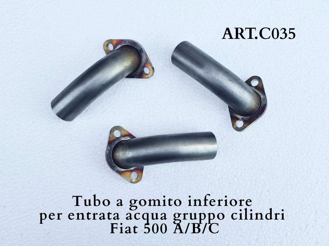 Art. C035 Tubo a gomito inferiore per entrata acqua gruppo cilindri Fiat 500 A/B/C